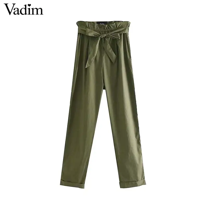 

Vadim women solid straight long pant elastic paperbag waist bow tie design pleated female casual pant pantalones cortos KA844