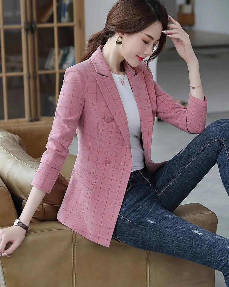 Женский модный розовый клетчатый Блейзер, мягкая плотная ткань для зимы, куртки для девочек, верхняя одежда, повседневное пальто, английский стиль, большие размеры 5XL