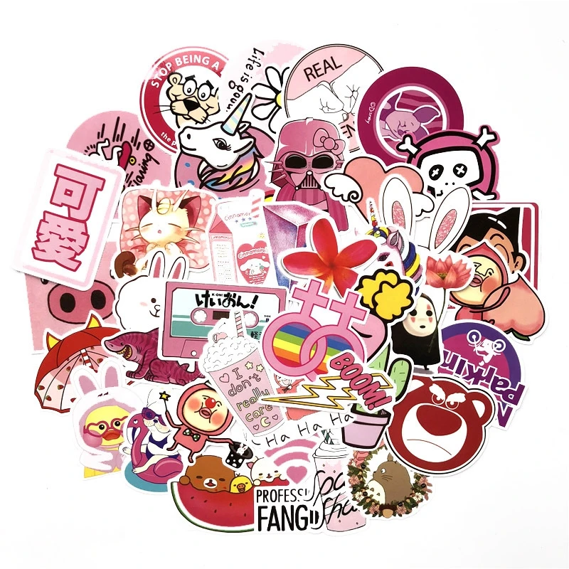 Pink Girl Stickers Cute Cartoon Cool Fashion Stickers Laptop Skateboar Luggage Graffiti Waterproof Guitar Furnitur Sticker 30pcs