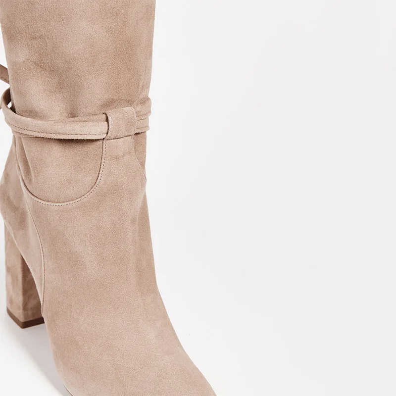 Сапоги до колена женская обувь бежевого и абрикосового цвета Женская обувь в западном стиле на квадратном каблуке с острым носком, большой размер 44, 45, без шнуровки, модная однотонная зимняя обувь