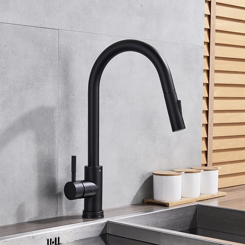 Brushed Gold Black Sensor Kitchen Faucet Pull Out Sensor Touch Kitchen Faucets Crane Dual Water Modes Mixer Single Hole Brass