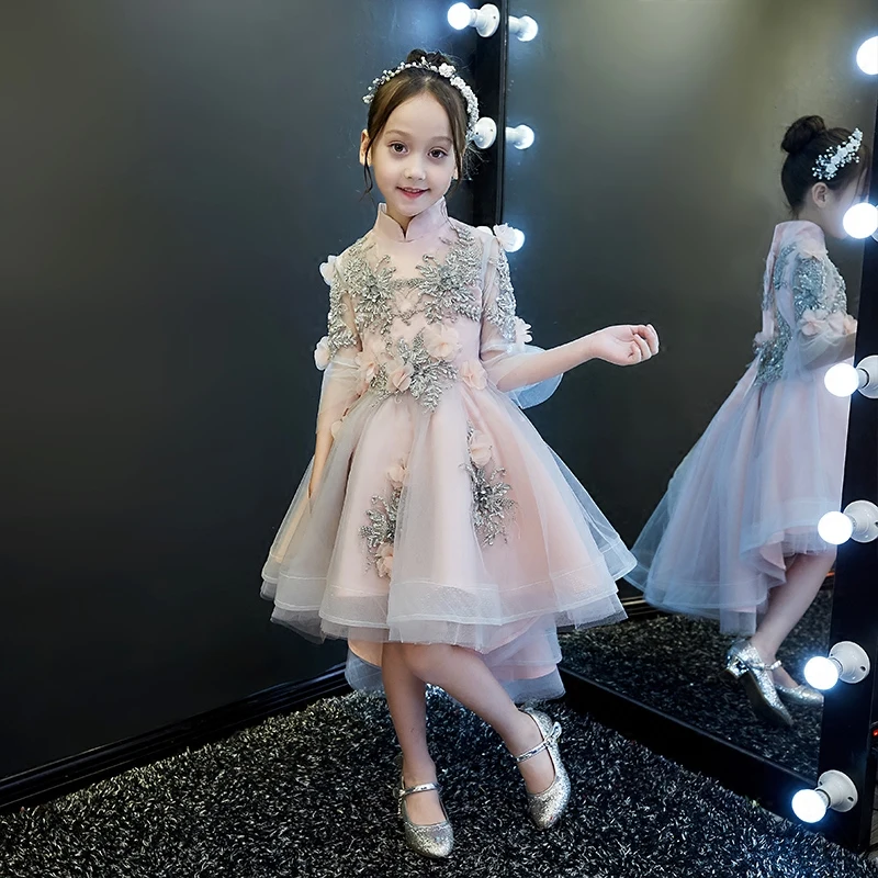 Роскошное красивое вечернее платье принцессы для маленьких девочек на День рождения; розовые вечерние платья феи с асимметричным подолом и расклешенными рукавами; Детские платья с расклешенными рукавами