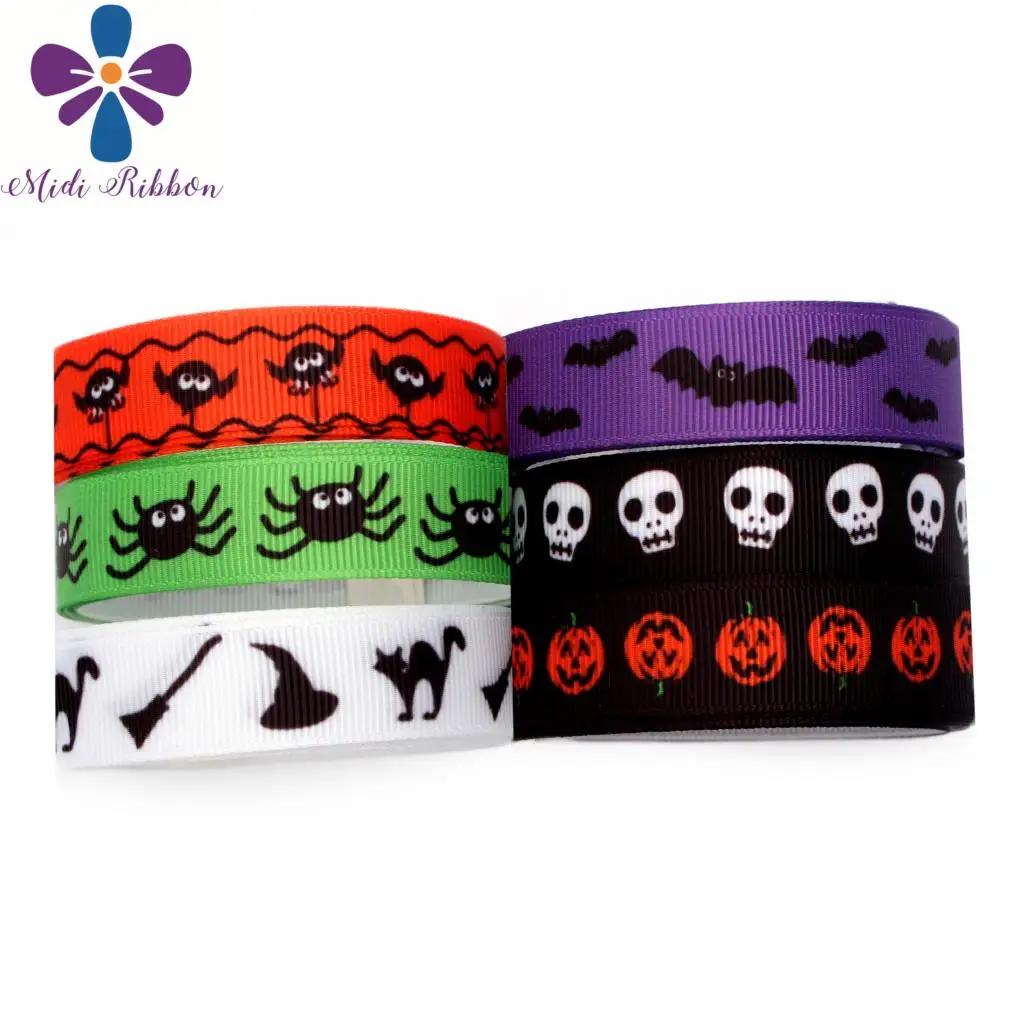 

16mm-75mm Halloween Series Ghost Bat Pumpkin Printed Grosgrain/Foe Ribbon Cartoon DIY Hair Bowknots Party Decor 50yards/roll