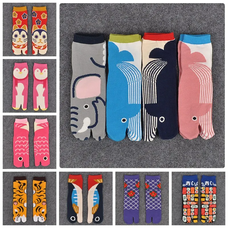 1 пара, женские Самурайские сандалии, короткие носки с принтом, хлопковые носки с раздельным носком, кимоно, Вьетнамки, карп, XLZ9450