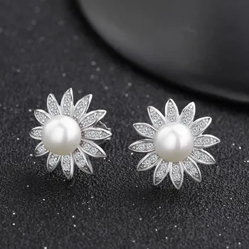 

Red Trees Brand 925 Sterling Silver Flower Shape Fine Jewelry Pearl Earrings For Wedding WIth Cubic Zirconia High Quality