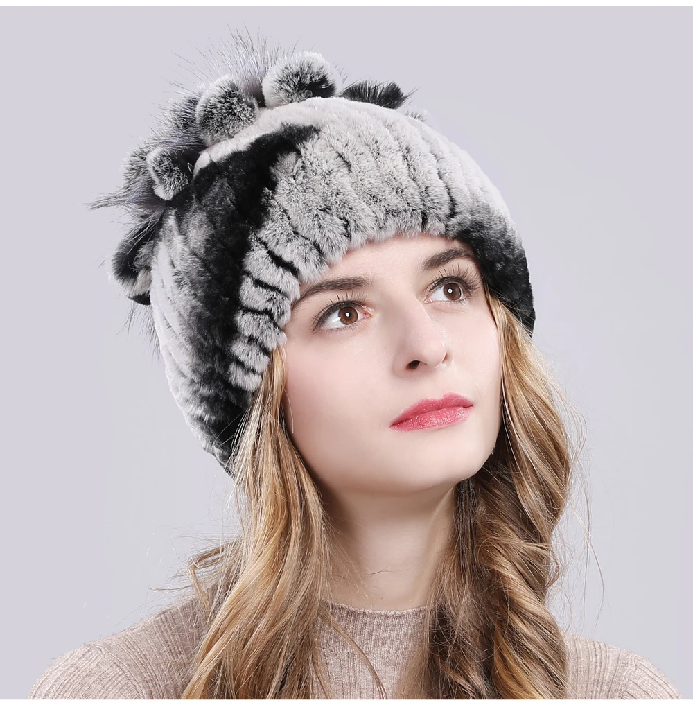 Women Natural Real Rex Rabbit Fur Beanies Hats Winter Warm Knitted Rex Rabbit Fur Caps New Female With Fox Fur Skullies Hat