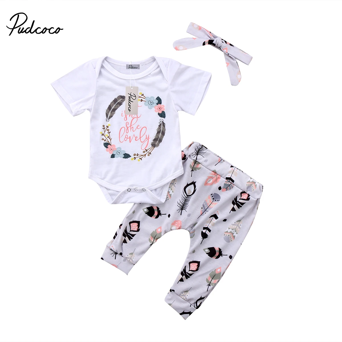 

US STOCK Pretty New Infant Baby Girl Summer Clothes Set Floral Print Short Sleeve Romper Long Feather Pants Outfit 3Pcs Suit