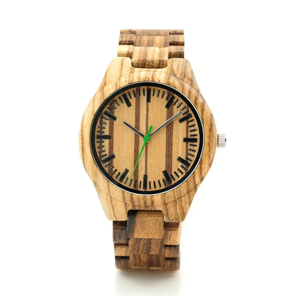 BOBO BIRD L-K28 Silver Needles Dial Face Zebra Wooden Male Watch Fashion Men-sized Green Second Hour Quartz Watch for Men