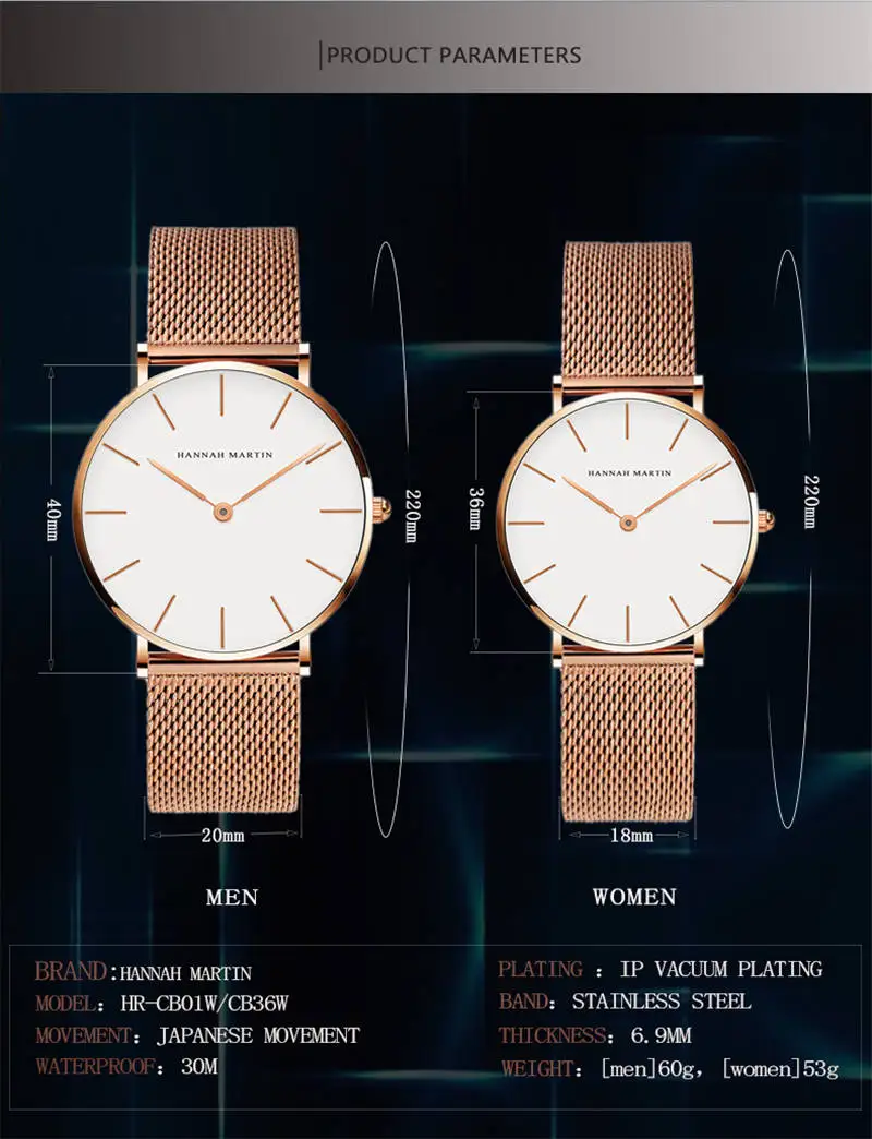 Ультра-тонкий пара часов Япония Кварцевые люксовый бренд любовь мужчины женщины часы водостойкие нержавеющая сталь Ханна Мартин часы