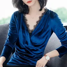 Новое летнее кружевное v-образным вырезом пикантные женские футболки Тонкий сплошной Элегантная Дамская офисная футболки Верхняя одежда Пальто Топы