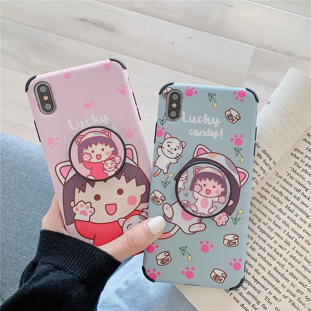 

KAIEN Folding bracket lovely Chibi Maruko Fashion Anti-drop Mobile phone case for iPhone 6 6s 7 plus 8 plus X 10 XR XS MAX cover