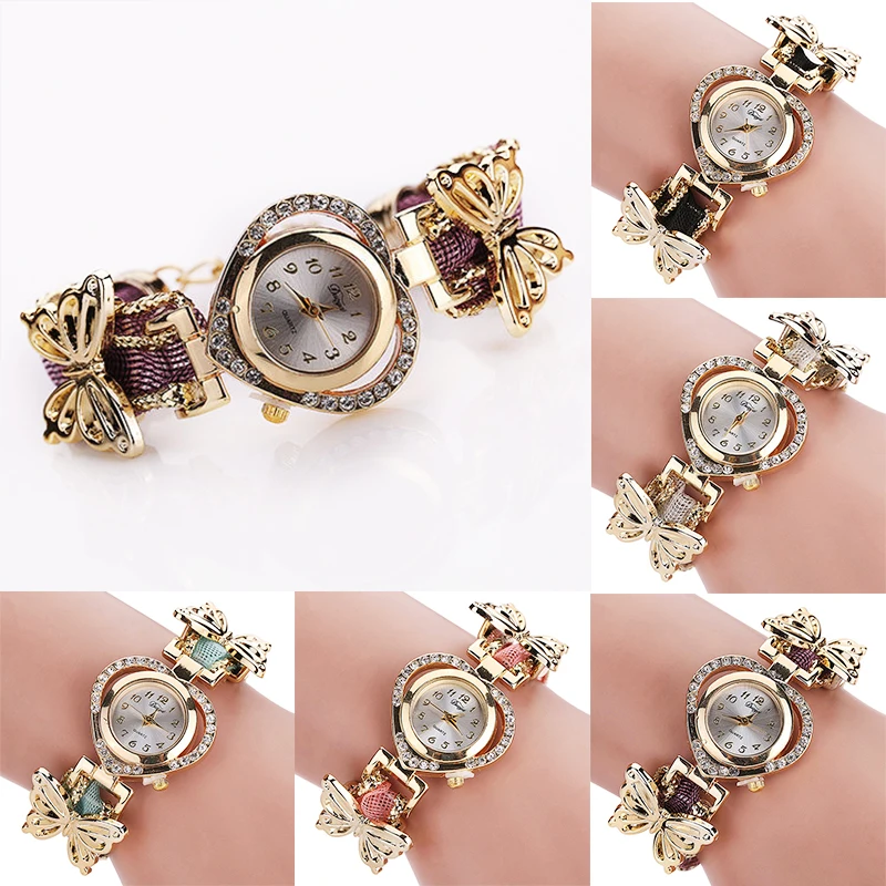 Summer Style Gold Watch Luxury Brand Crystal Heart Watch Women Butterfly Braided Rope Wristwatch Ladies Bracelet Watch Clock