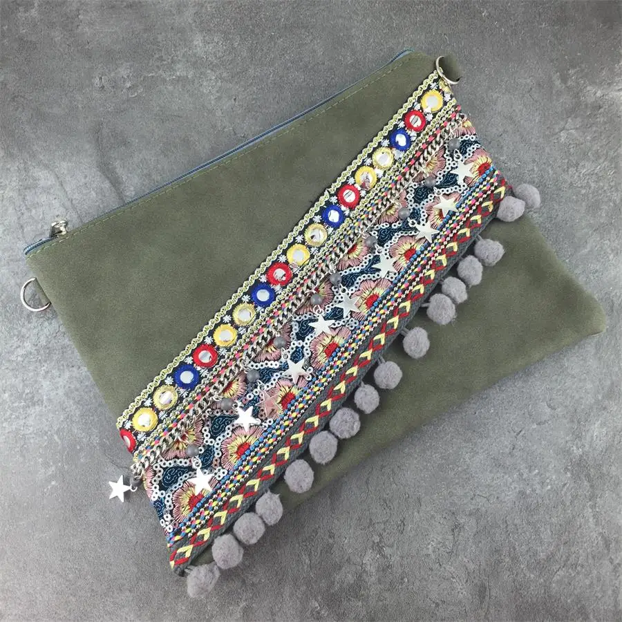 New Vintage Women Shoulder Cross body Bag High Quality Grey Pom POM Gypsy Bohemian Bags