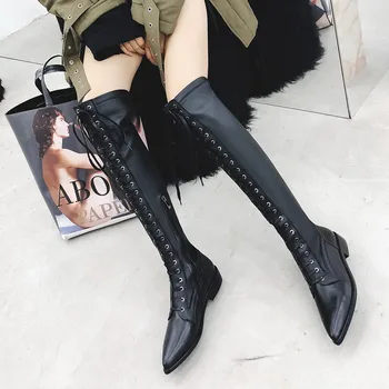 

MNIXUAN Black Boots winter fashion women shoes 2019 new genuine leather pointed toe zipper medium heel martin long boots size 10