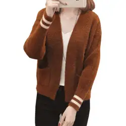2018 модные женские туфли норковая бархатная вязаный свитер с v-образной горловиной, кардиган в Корейском стиле длинный рукав женские теплые