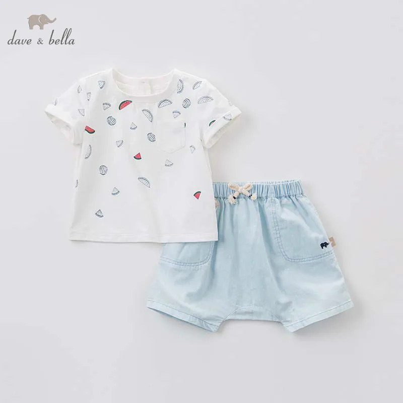 Dave bella/комплекты летней одежды для маленьких мальчиков детские костюмы с принтом Модные топы для малышей+ шорты, 2 предмета, детская одежда DB7695