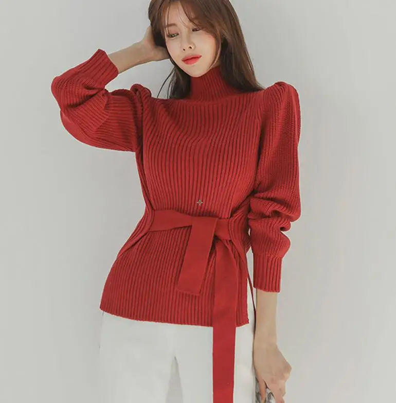 Осень-зима, женские Пуловеры и свитера, вязаный эластичный Повседневный джемпер, модный теплый женский свитер с высоким воротом - Цвет: Красный