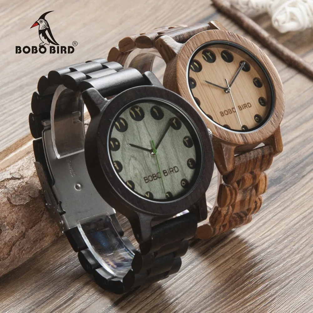 BOBO BIRD WN24N25 Wood Watch Zabra Ebony Wooden Watches for Men Eastern Arabic Numerals Dial Watch with Tool for Adjusting Size
