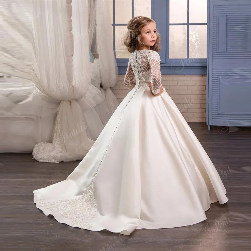 Long Ivory Lace Flower Girl Communion Dresses Floor Length Pageant