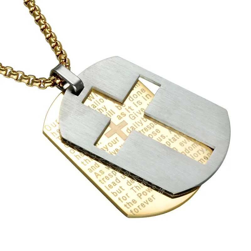 

Two Tone Cross Bible Verse Words Tag Pendant Necklace Men Gold Stainless Steel Religious Necklaces Christian Jewelry Men
