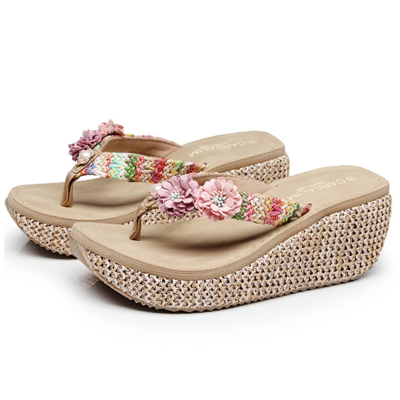 

Summer Bohemia Slippers New Fashion Clip Toes Flip Flops Flower Womens Wedge Sandals Casual Beach Slippers Platform Wedges Shoes