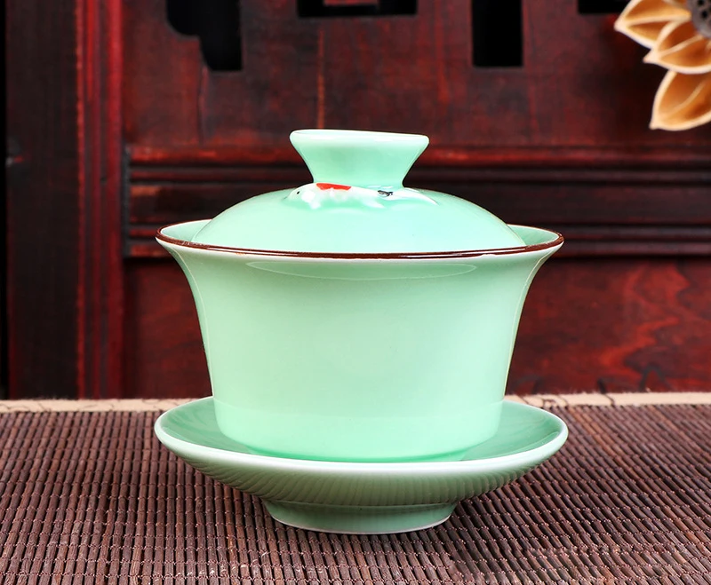 Китай Longquan цвет керамический гайвань чайный сервиз, мерная Золотая рыбка узор чайная чашка, фарфоровый чайник чайный набор для путешествий