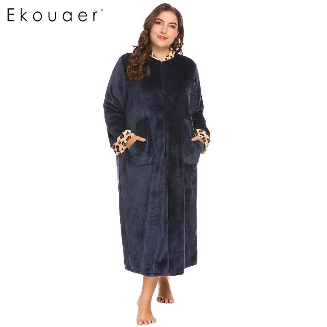 Ekouaer женские халаты больших размеров, ночные Теплые мягкие плюшевые флисовые халаты, леопардовые халаты со стоячим воротником, отделка на молнии, Халат