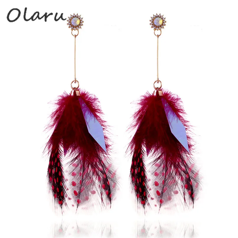 Серьги-капельки с перьями Olaru модные блестящие длинные женские серьги в богемном