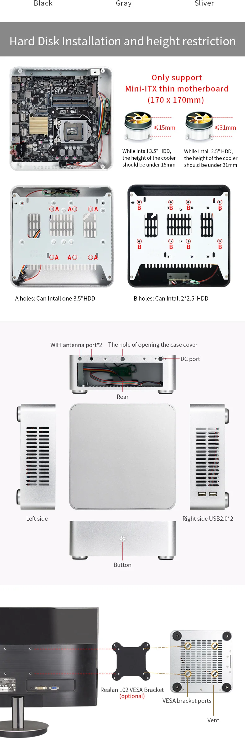 E. MINI H65S Mini ITX чехол для компьютера алюминиевый настольный серверный ПК корпус с двумя USB2.0 для офисной поддержки OEM