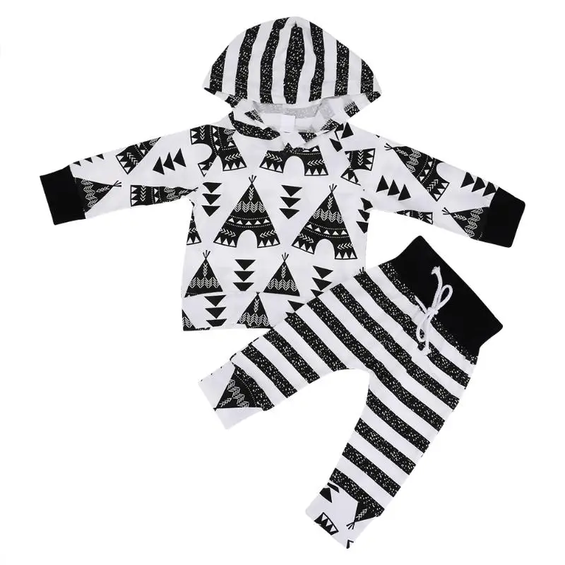 

2pcs Newborn Infant Clothes Set Boy Girl Long Sleeve Printed Hooded T-shirt Tops + Striped Pants Outfits Set for 0-24M Baby