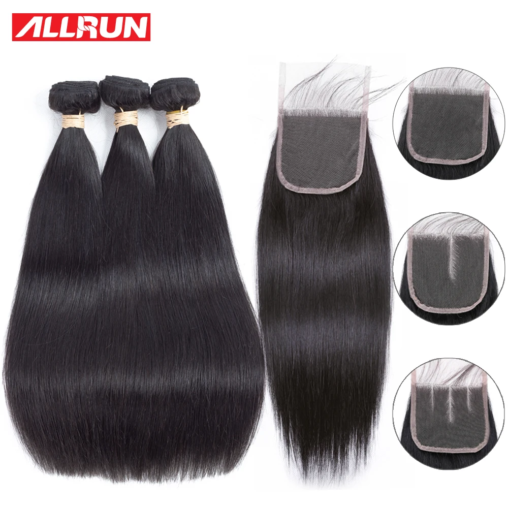 Allrun Straight Hair Bundles with Closure Brazilian Hair Weave Bundles Human Hair Bundles with Closure Non Remy Hair Extensions