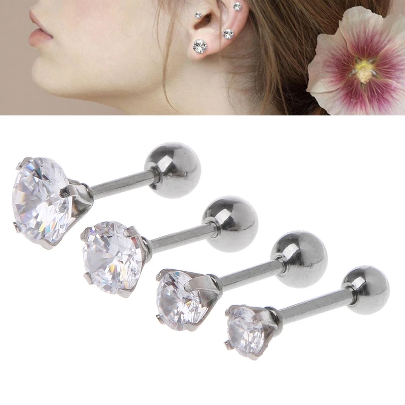 4PCS Stainless Steel Ear Studs Piercing Barbell Earrings Cubic Zirconia