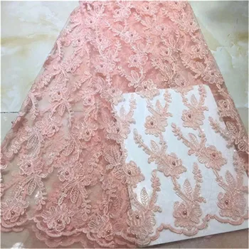 

2019 Nigeria High Quality Blush Pink Leaves Embroidered Laces Fabrics High Quality Tulle French Sequin Net Lace Fabric