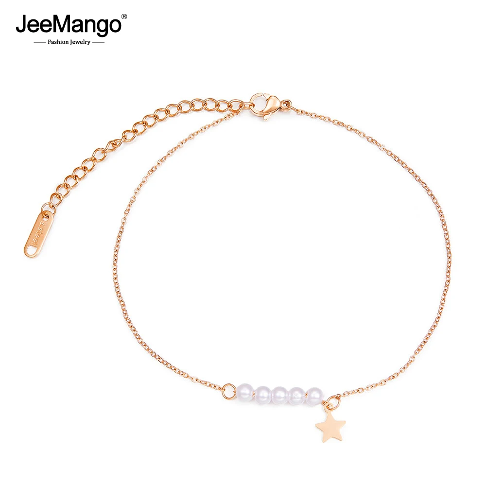 

JeeMango Titanium Steel Bohemia Beach Chain Link Anklets For Women Girl Trendy Simulated Pearl Star Charm Anklet Jewelry JOGZ090