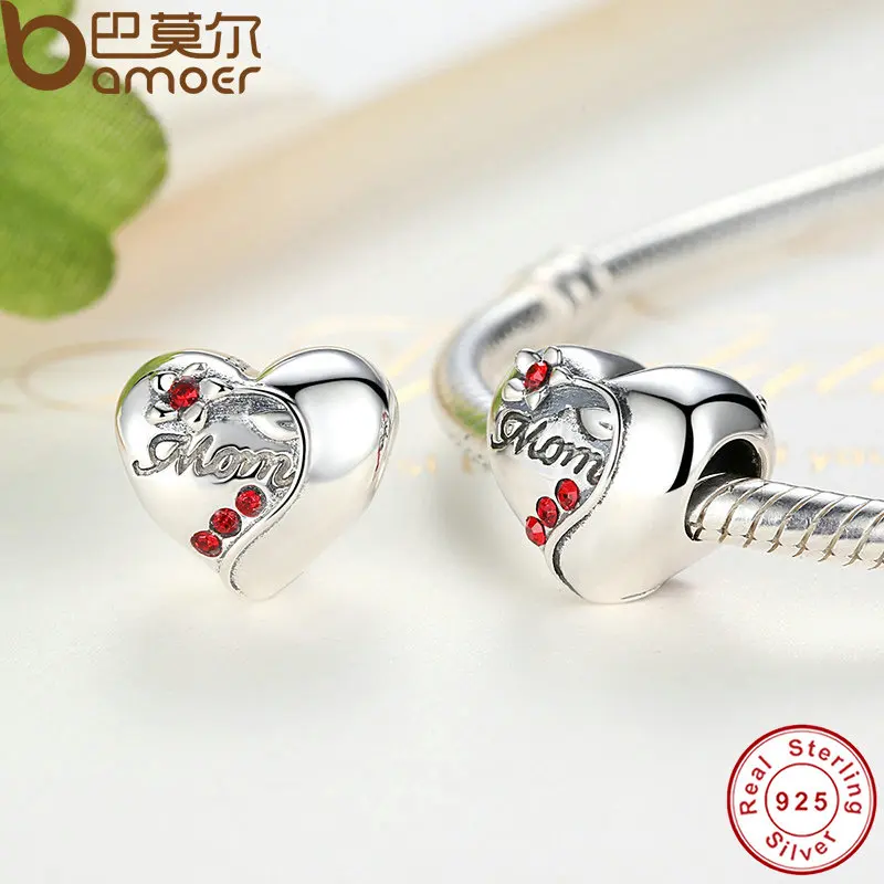 BAMOER Authentic 925 Sterling Silver MOM Red Heart Charms fit Bracelets Mother 's Day Gift SCC004