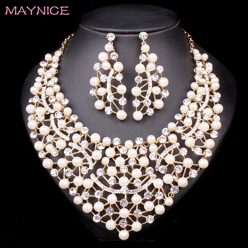 Fashion Pearl Statement Necklace Earrings set Bridal Jewelry Sets Bride
