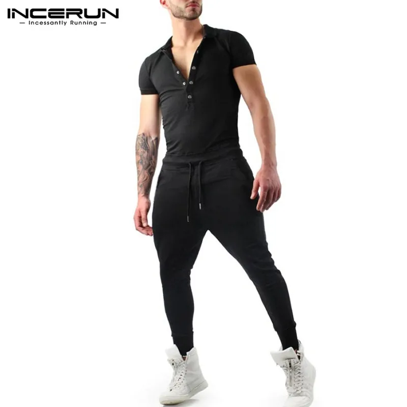 

INCERUN Men Rompers Jumpsuit Plain Shortsleeve Fitness Pants Streetwear Bodybuilding Hip-hop Tracksuit Overalls Men 2019 S-5XL
