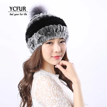 YCFUR Fashion Women's Winter Caps Hats Soft Warm Knit Genuine Rex Rabbit Fur Hats With Silver Fox Fur Pom Pom Hat Beanie Female 2 item image