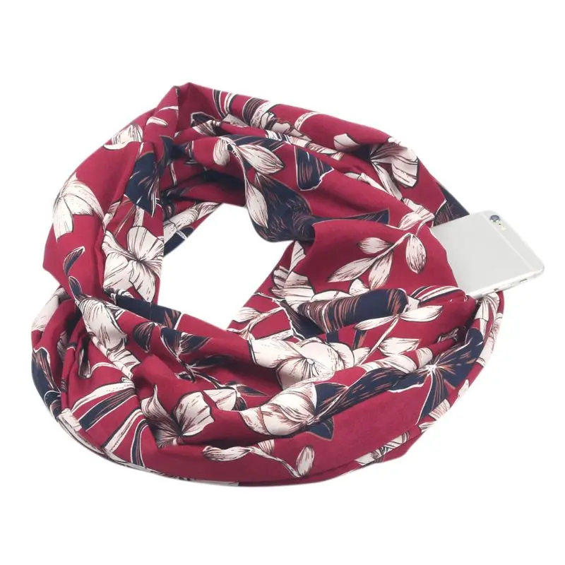 

Womens 180x50cm Double Layer Secret Hidden Zipper Pocket Infinity Loop Scarf Blending Colorful Floral Leaves Leopard Printed Win