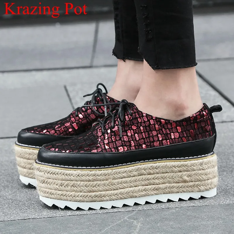 

2018 Superstar platform genuine leather high heels straw lace up increased women pumps elegant thick bottom casual shoes L06