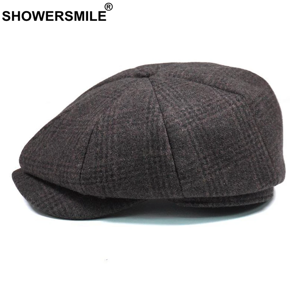 SHOWERSMILE брендовая клетчатая кепка Newsboy, Мужская винтажная шерстяная восьмиугольная кепка, Мужская теплая зимняя шапка для художника, серая кепка в британском стиле, s и головные уборы