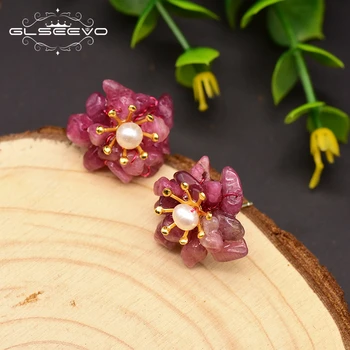 

GLSEEVO Designer Original Natural Amethyst Tourmaline Stud Earrings For Women Flower 925 Sterling Silver Earring Jewelry GE0019A