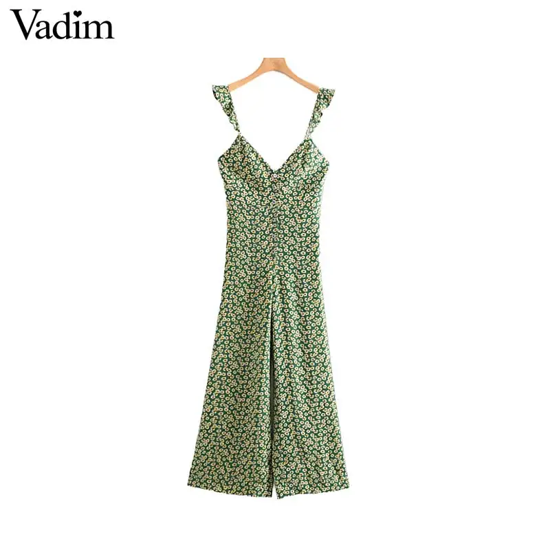 

Vadim women stylish V neck floral print jumpsuits sleeveless backless elegant female casual summer chic playsuits KA952