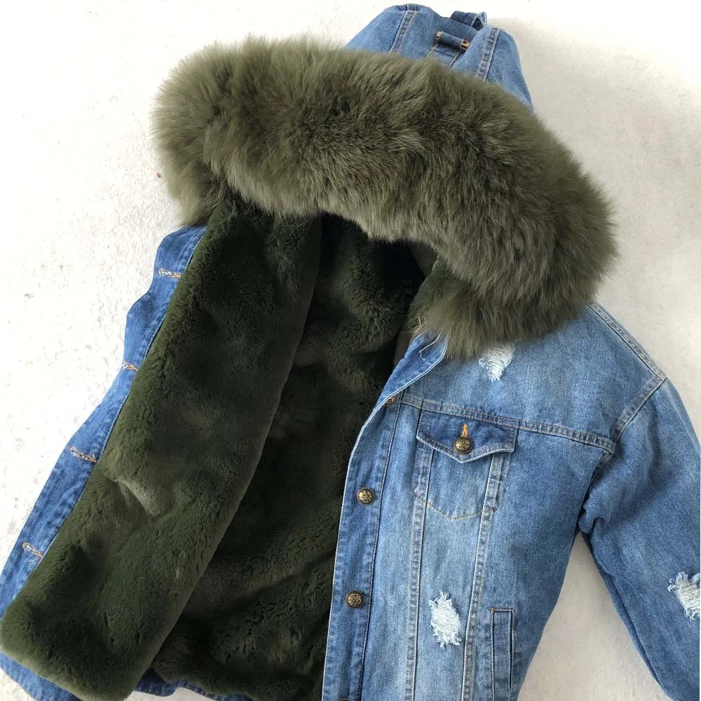 Women Denim Jacket With Fur hood Women Autumn Winter Denim Jacket Warm Upset Jacket Vintage Long Sleeve Loose Jeans Coat Outwear - Цвет: olive green