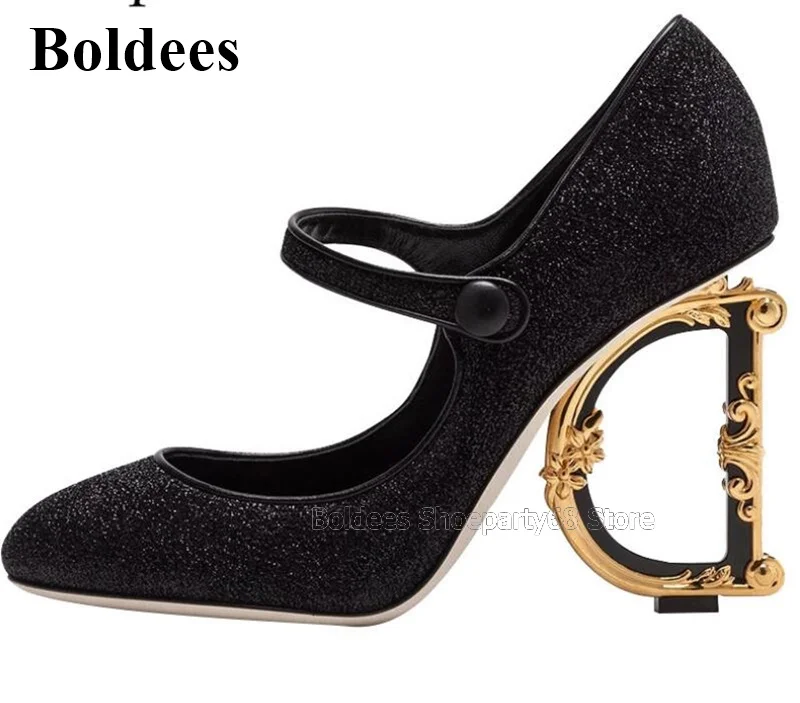 

Newest Big Gold Metal Letter D High Heel Women Dress Shoes Closed Round Toes Bling Glitter Strange High Heel Wedding Shoes Woman