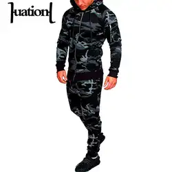 Huation Повседневное облегающая спортивная одежда мужские камуфляжные толстовки + брюки набор модная одежда с длинными рукавами толстовки с