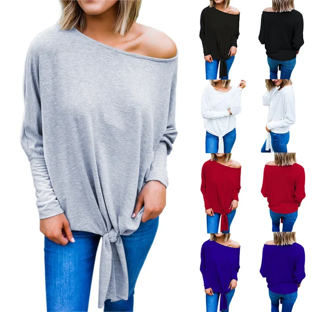 2018 Girls Casual Oblique Slacks Neck Loose T-shirts Lady Fashion Long-sleeve T-shirts