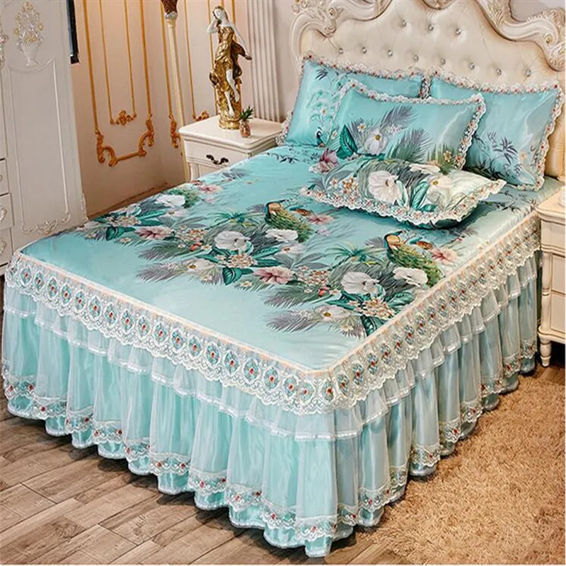 High quality luxury 3pcs summer cool bed mat lace skirted bed sheet ice bedspreads quality bed cover machine wash free shipping