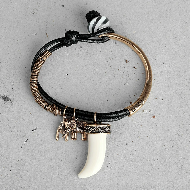 Women Bohemia Elephant & Horn Bracelets Vintage Antique Gold White Blue
