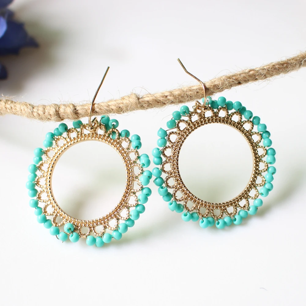 

Women Bohemian Gypsy Blue Resin Beads Braid Weave Round Drop Earrings Flower Metal Handmade Ethnic Dangle Earrings